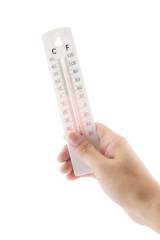 man hand holding a thermometer with global warming and high temperature in hot weather isolated on white background environment concept.