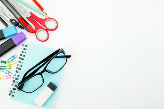 school supplies, stationery accessories on white background. Flat lay, top view
