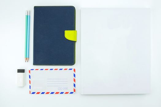 school supplies, stationery accessories on white background. Flat lay, top view