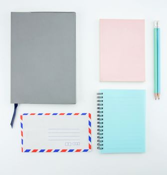 school supplies, stationery accessories on white background. Flat lay, top view