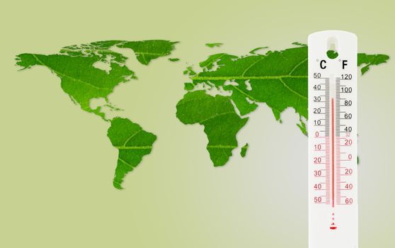 Thermometer check the world map temperature with impact of global environment concept, Elements of this image furnished by NASA.