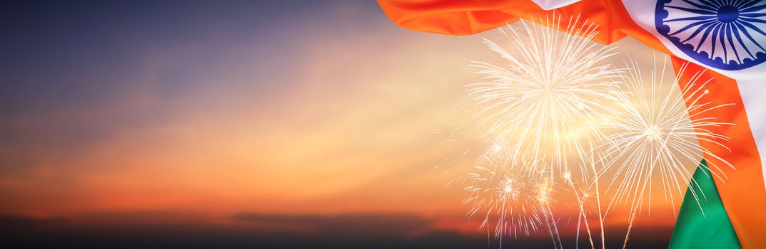 Celebration colorful firework on india flag pattern on sky background concept for indian 15 august republic independence day, symbol of nepal freedom culture and democracy in  festive celebration travel