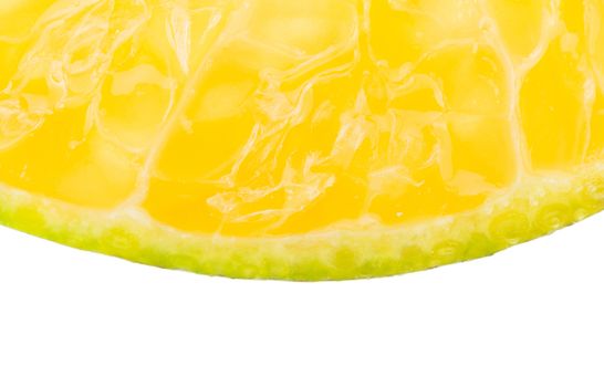 Orange slice background macro view. Part of tangerine orange slice fruits on white background. Yellow tangerine orange slice fruits isolated background.