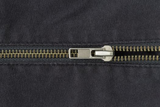 Open Half Brass Zip on Black Jeans Texture Background. Open Brass Zip on Black Jeans Texture Background for Apparel Design