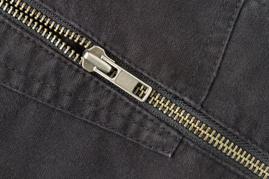 Open Crosswise Brass Zip on Black Jeans Texture Background. Open Brass Zip on Black Jeans Texture Background for Apparel Design