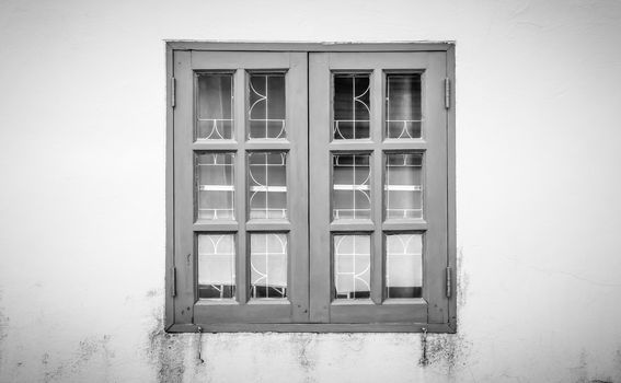 Black and white windows frame on grunge or dust background. Classic windows frame. Monochrome windows frame for design. Windows frame cinematic background