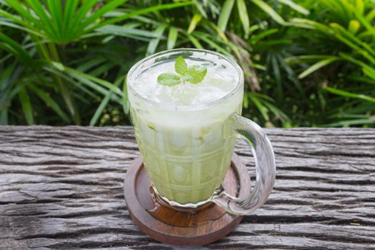 Cold Green Tea Milk Beverage or Cold Drinks Center Frame Normal View. Green cold drinks and ice on wood table for drink