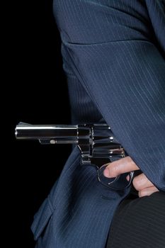 Man Hold Stainless Gun or Shooter in Hand Side Body in Book Cover Style. Fake Stainless Gun or Shooter in Hand portrait view for criminal or violence concept