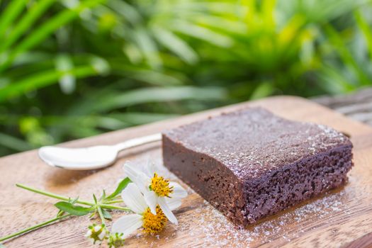 Chocolate Brownie Cake on Chopping Board or Cutting Board on Wood Table and Daisy Flower on Green Tree Background