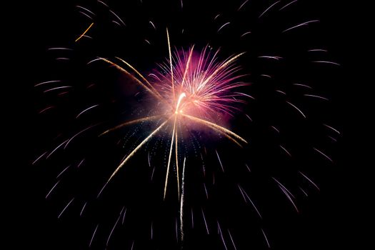 Purple Red Yellow Sparkling Fireworks Background on Night Scene. Abstract color fireworks background and smoke on sky