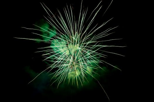 Two Green Sparkling Fireworks Background on Night Scene. Abstract color fireworks background and smoke on sky