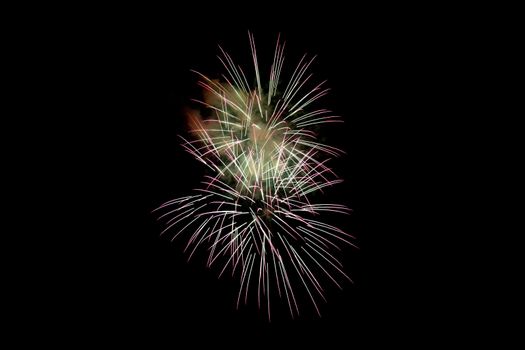 White Pink Sparkling Fireworks Background on Night Scene. Abstract color fireworks background and smoke on sky