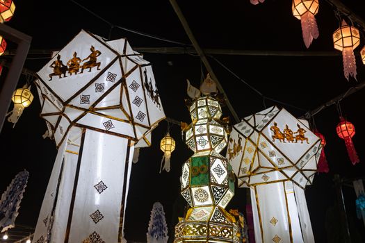 Zoom white paper lanterns in Loi Krathong festival. Lanterns contest in Loi Krathong festival at Phayao Thailand