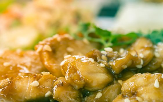 Fried Chicken with Garlic and Pepper in Dish with Natural Light in Zoom View in Vintage Tone