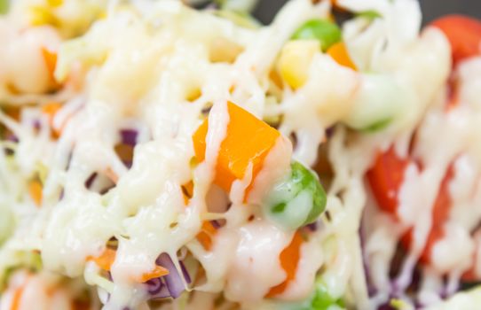 Healthy Salad include Carrot and Corn and Peas and Tomato and Cabbage with Mayonnaise Topping with Natural Light in Close Up View