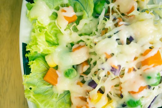 Healthy Salad include Carrot and Corn and Peas and Tomato and Cabbage with Mayonnaise Topping with Natural Light on Right Frame in Vintage Tone