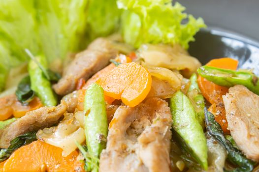 Stir Fried Noodle and Pork and Carrot and Yardlong Beans and Lettuce with Black Soy Sauce with Natural Light in Center Frame