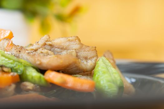 Stir Fried Noodle and Pork and Carrot and Yardlong Beans and Lettuce with Black Soy Sauce with Natural Light on Left Frame in Zoom View