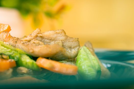 Stir Fried Noodle and Pork and Carrot and Yardlong Beans and Lettuce with Black Soy Sauce with Natural Light on Left Frame with Vintage Tone