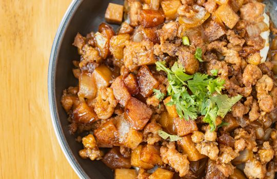 Stir Fried Pork with Onion and Garlic and Black Soy Sauce and Coriander Topping and Tofu with Natural Light on Right Frame and Flaylay View