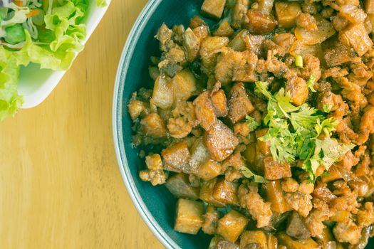 Stir Fried Pork with Onion and Garlic and Black Soy Sauce and Coriander Topping and Tofu with Vegan Salad on Right Frame and Flaylay View in Vintage Tone