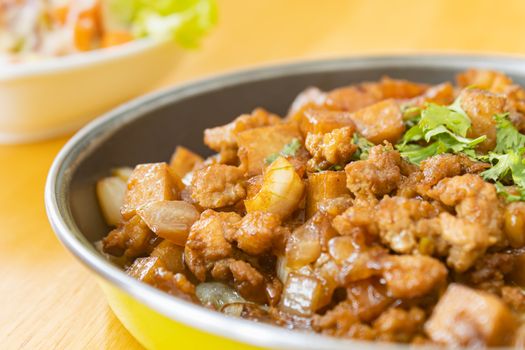 Stir Fried Pork with Onion and Garlic and Black Soy Sauce and Coriander Topping and Tofu with Natural Light on Right Frame