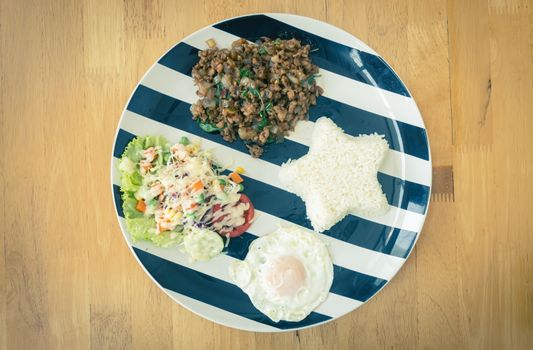 Stir-Fried Pork and Holy Basil and Salad and Fried Egg and Rice on Dish. Mix Thai Food Recipe with Salad in Vintage Tone