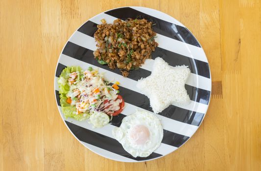 Stir-Fried Pork and Holy Basil and Salad and Fried Egg and Rice on Dish. Mix Thai Food Recipe with Salad