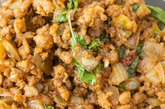 Stir-Fried Pork and Holy Basil and Chili in Close Up View. Delicious Thailand Food Menu for Health