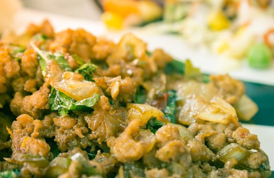 Stir-Fried Pork and Holy Basil and Chili on Left Frame. Delicious Thailand Food Menu for Health in Vintage Tone