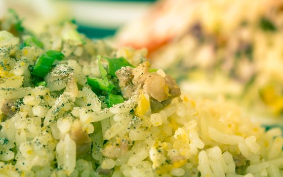 Thai Sour Pork Fried Rice and Salad in Dish with Natural Light on Left Frame in Vintage Tone