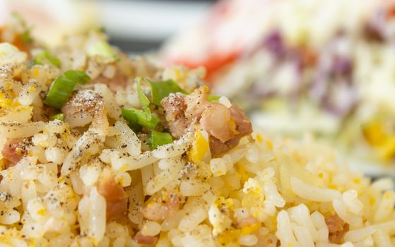 Thai Sour Pork Fried Rice and Salad in Dish with Natural Light on Left Frame