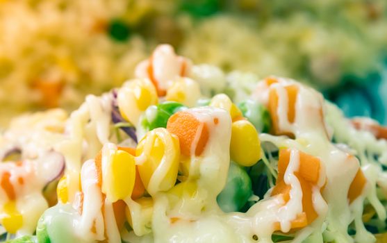 Vegan or Vegetarian Salad with Mayonnaise Topping on Half Frame include Carrot and Tomato and Corn and Cabbage and Peas and Lettuce in Vintage Tone