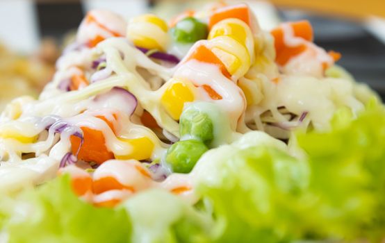 Vegan or Vegetarian Salad with Mayonnaise Topping in Close Up View include Carrot and Tomato and Corn and Cabbage and Peas and Lettuce