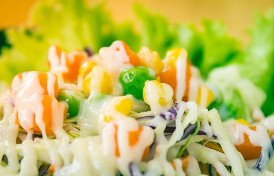 Vegan Salad with Mayonnaise Topping in Close Up View include Carrot and Tomato and Corn and Cabbage and Peas and Lettuce in Vintage Tone