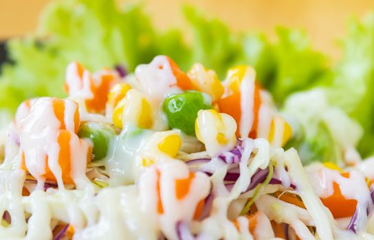 Vegan Salad with Mayonnaise Topping in Close Up View include Carrot and Tomato and Corn and Cabbage and Peas and Lettuce