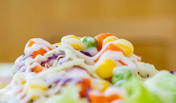 Vegetarian Salad with Mayonnaise Topping in Close Up View on Half Frame include Carrot and Tomato and Corn and Cabbage and Peas and Lettuce on Half Frame