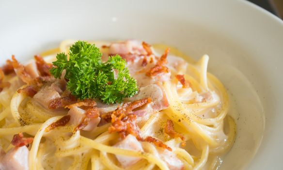 Spaghetti Carbonara with Bacon and Ham and Parsley and Mayonnaise Sauce. Spaghetti Carbonara with Bacon and Ham in mayonnaise cream sauce for food and drink category. 
Spaghetti Carbonara with Bacon breakfast