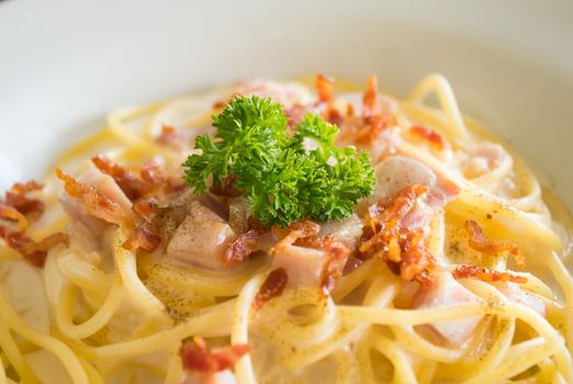 Spaghetti Carbonara with Bacon and Ham and Parsley and Mayonnaise Sauce. Spaghetti Carbonara with Bacon and Ham in mayonnaise cream sauce for food and drink category. 
Spaghetti Carbonara with Bacon breakfast