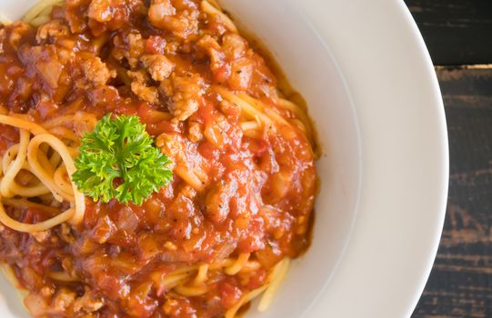 Spaghetti Tomato Sauce with Parsley and Onion and Pork. Spaghetti tomato sauce good taste for health. Spaghetti tomato sauce italian food for food and drink category