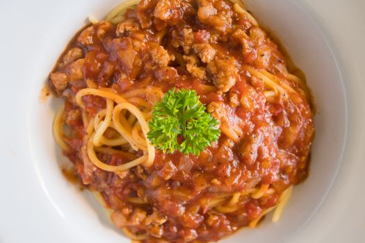 Spaghetti Tomato Sauce with Parsley and Onion and Pork. Spaghetti tomato sauce good taste for health. Spaghetti tomato sauce italian food for food and drink category