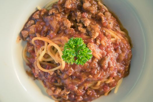 Spaghetti Tomato Sauce with Parsley and Onion and Pork. Spaghetti tomato sauce good taste for health. Spaghetti tomato sauce italian food for food and drink category