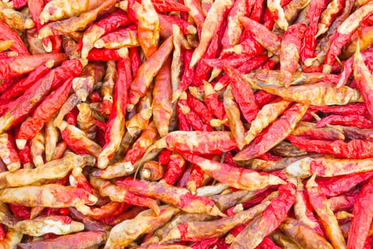 Chili is dried on bamboo tray. Red dried chili background.