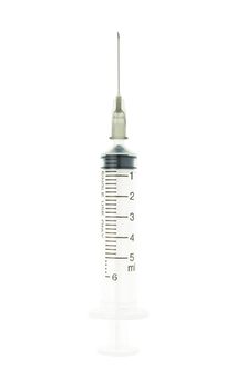 Plastic black syringe isolated on white background on vertical view. Single use medical tool in hospital for injection.