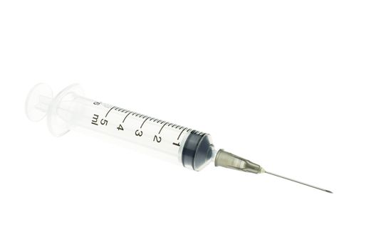 Plastic black syringe isolated on white background. Single use medical equipment in hospital for injection.