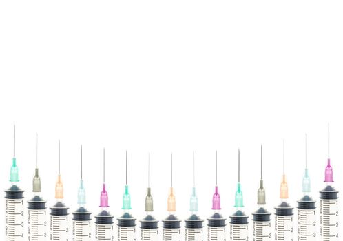 Five color needle or medical device isolated on white background on curve line at bottom. Medical background for hospital or clinic or health design.