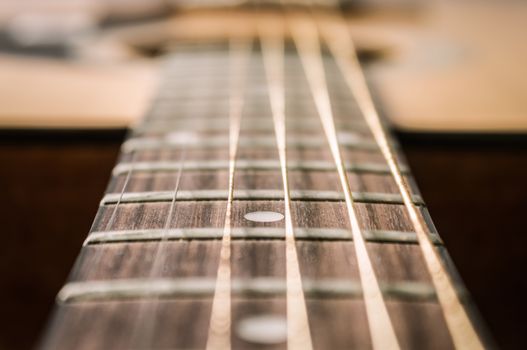 Fingerboard and Inlay of 6 String Brown Wood Acoustic Guitar in Zoom View