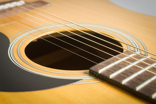 Sound Hole and Acoustic Guitar String and Pickguard and Fingerboard and Fret in Crosswise View
