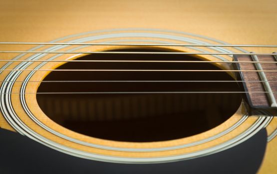 Sound Hole and Acoustic Guitar String and Pickguard and Fingerboard and Fret in Close Up View