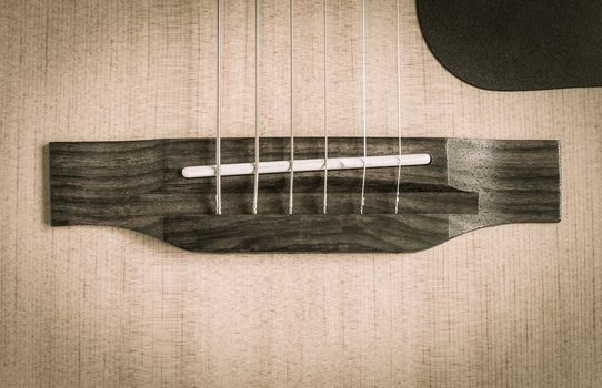 Wood Bridge and Plastic Saddle and String and Pickguard of Acoustic Guitar in Natural Light